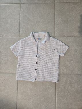 FP Beach White Crochet Knit Short Sleeve Shirt